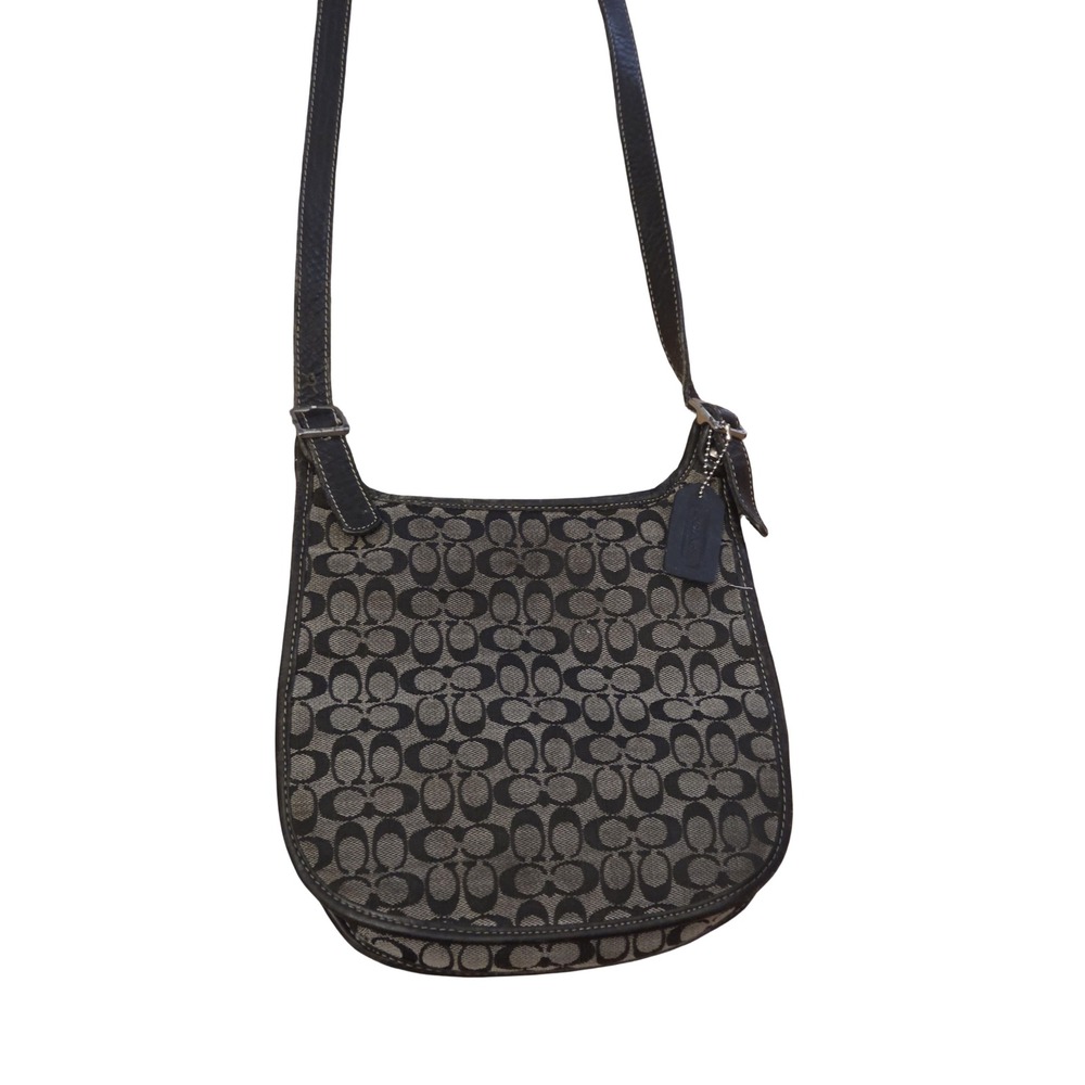Coach‎ Signature Canvas Crossbody Bag Black Grey Monogram Leather Trim